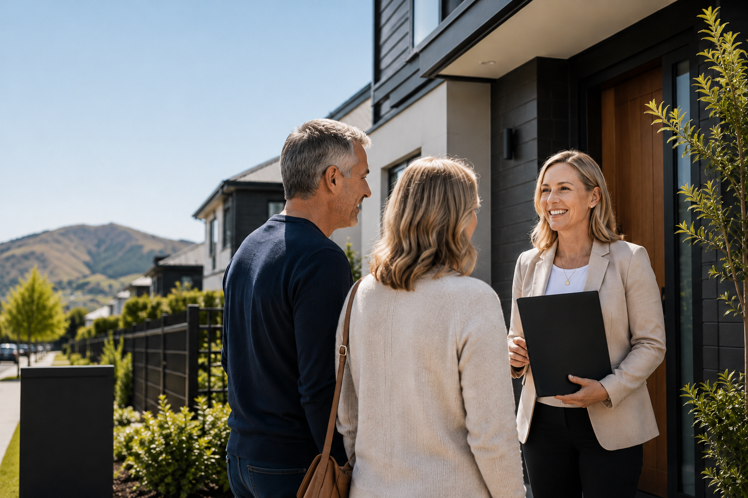 Property manager meeting with property owners outside a Christchurch home.